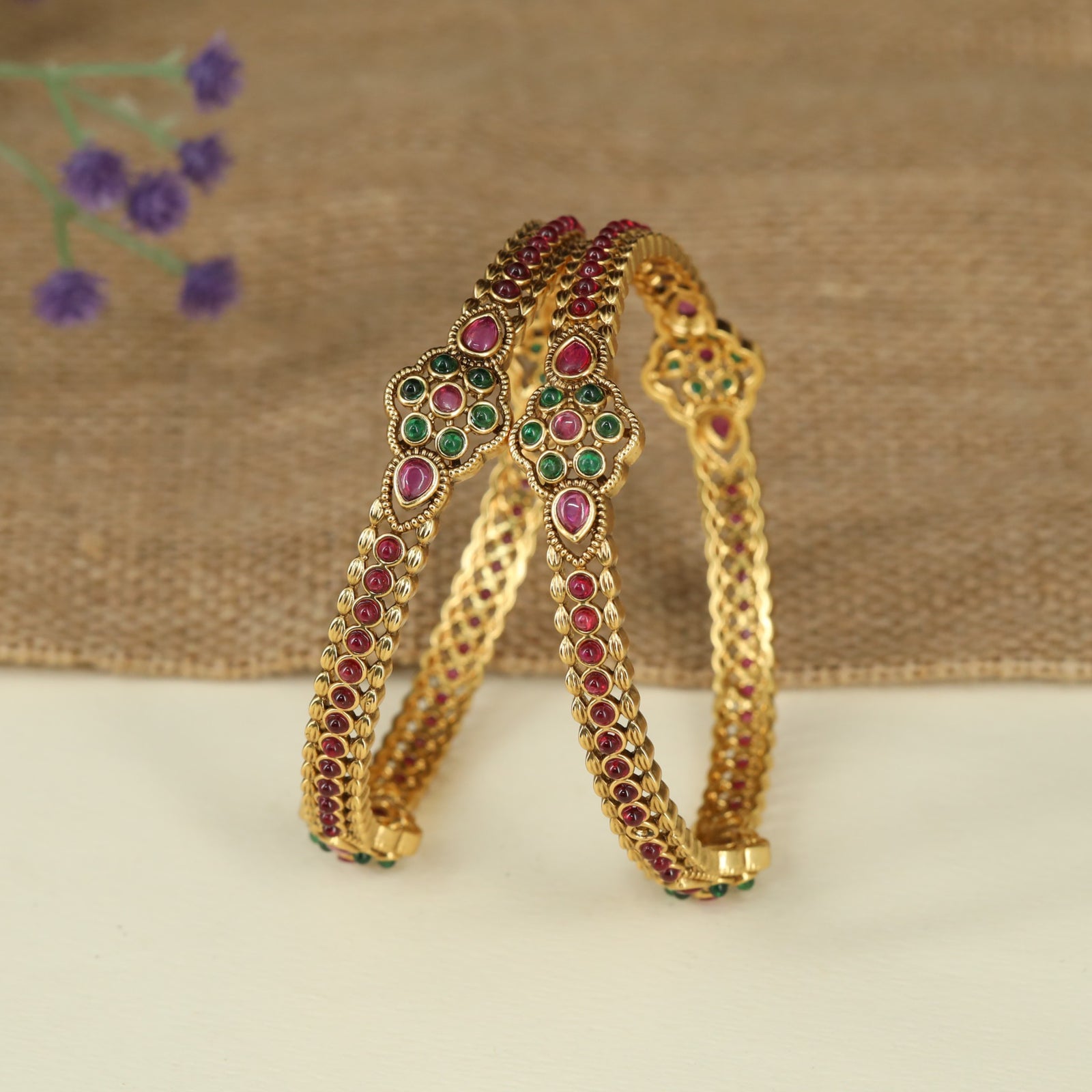 Floral Cluster Antique Bangles with Teardrop Centre Detailing