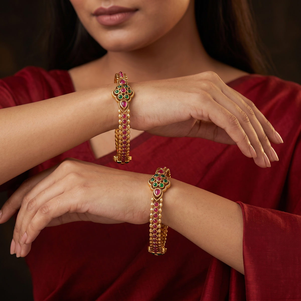 Floral Cluster Antique Bangles with Teardrop Centres