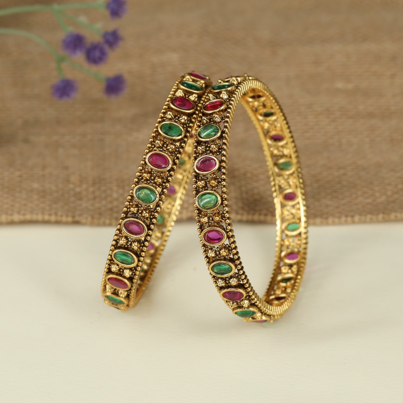 Oval Border Antique Bangles with Intricate Beaded Detailing