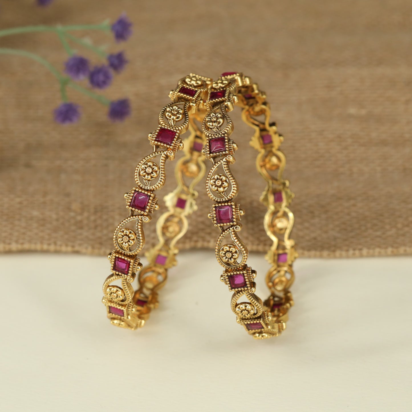 Floral Scrollwork Antique Bangles with Square Panel Detailing