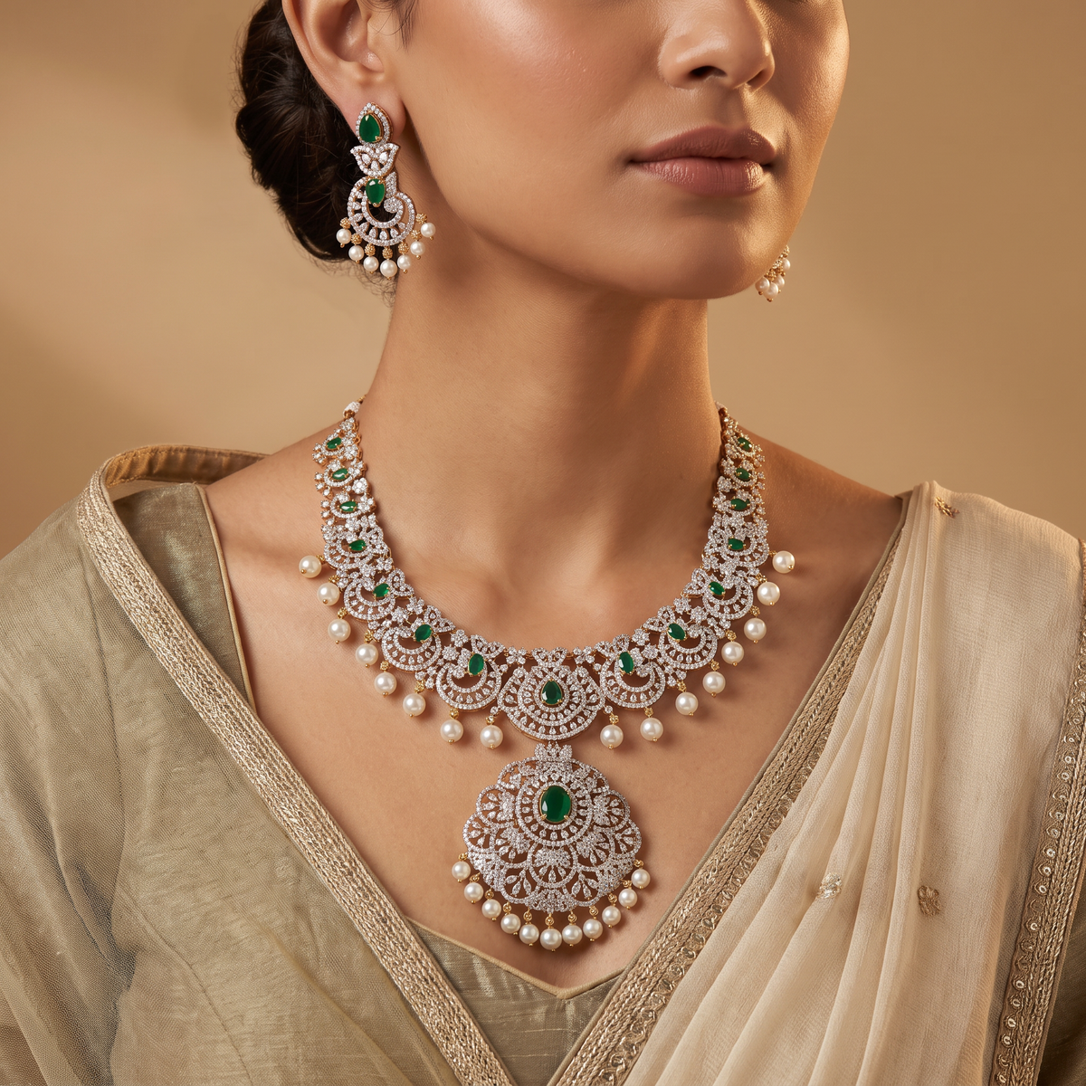 GJ Openwork Necklace Set with Floral Medallions