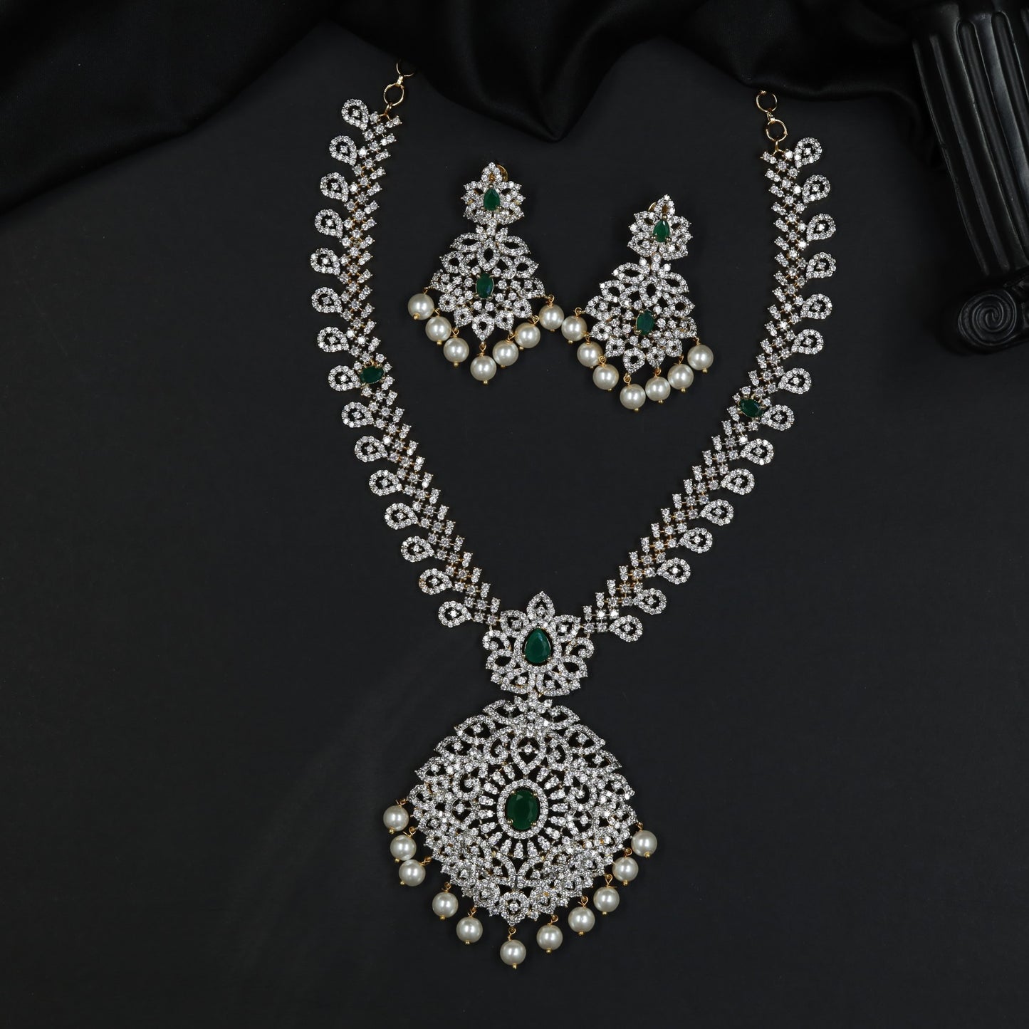 Floral GJ Necklace Featuring Intricate Openwork and Pearl Drops
