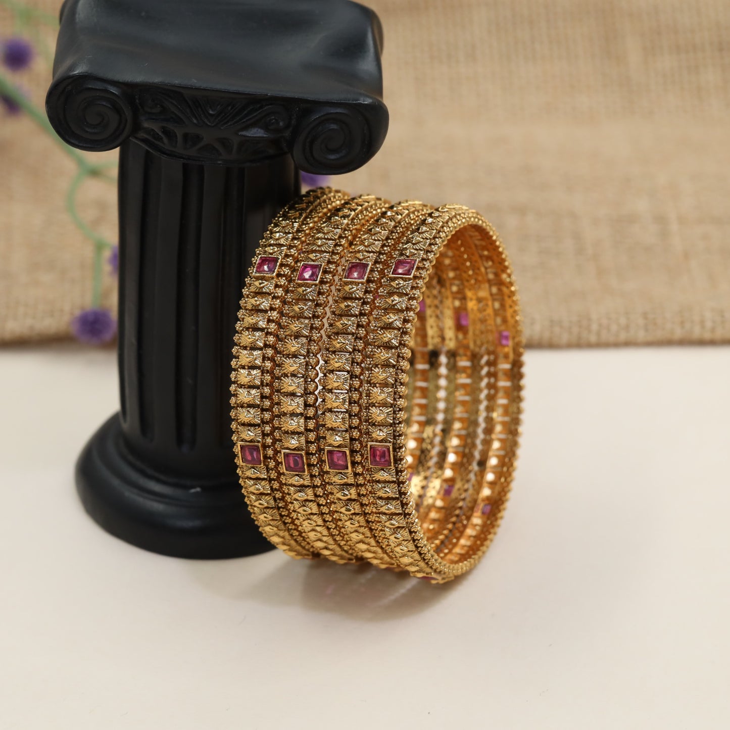 Structured Antique Bangles Featuring Repeating Square Accent Design