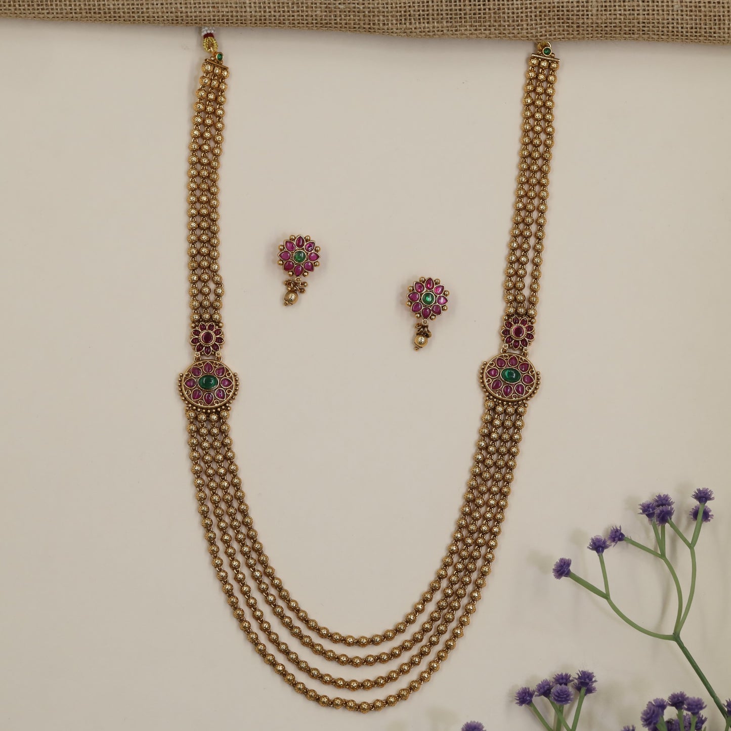 Multi-Strand Antique Long Haara with Floral Medallion Accents