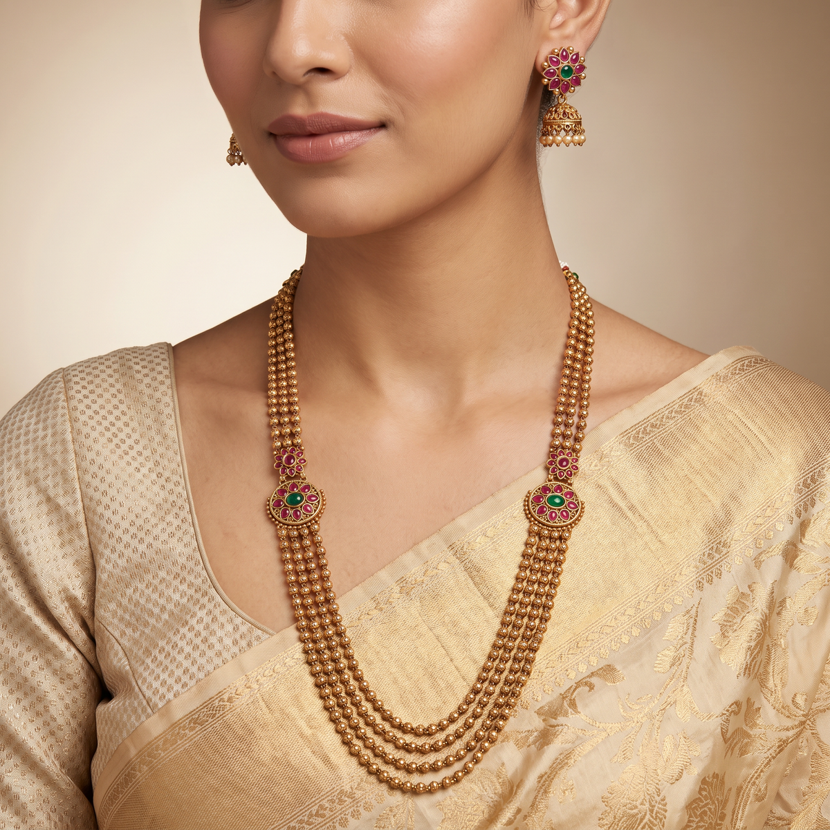 Multi-Strand Antique Long Haara Set with Floral Medallions