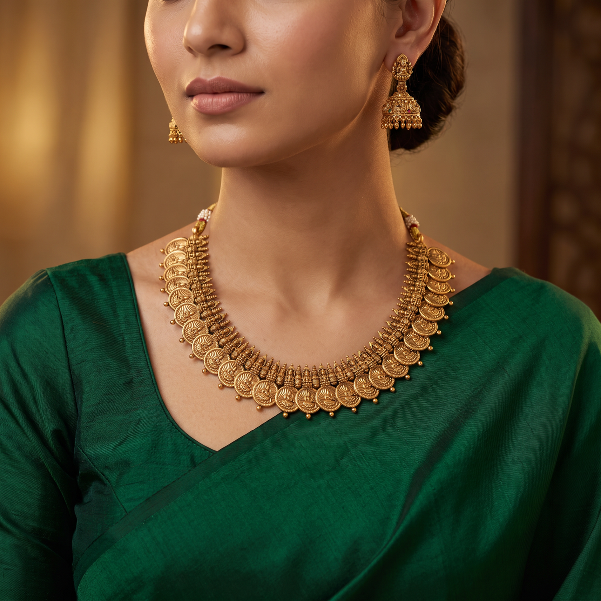 Lakshmi Coin Antique Necklace Set with Temple Border