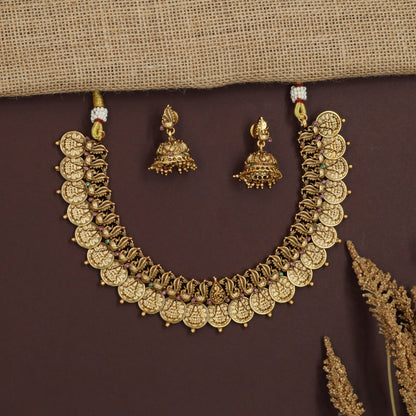 Lakshmi Coin Antique Necklace Set with Peacock Design