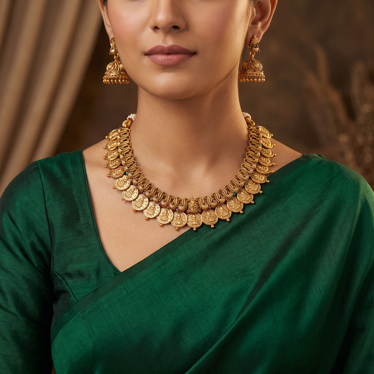 Lakshmi Coin Antique Necklace Set with Peacock Design