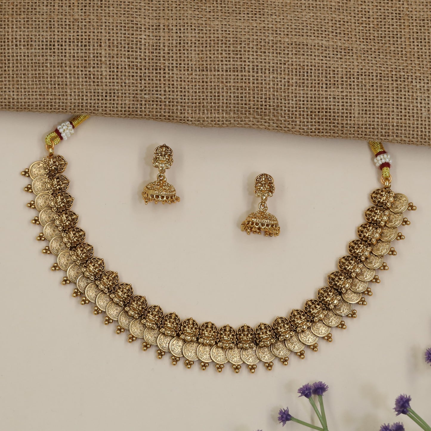Grand Antique Necklace Featuring Lakshmi Coin Temple Artistry