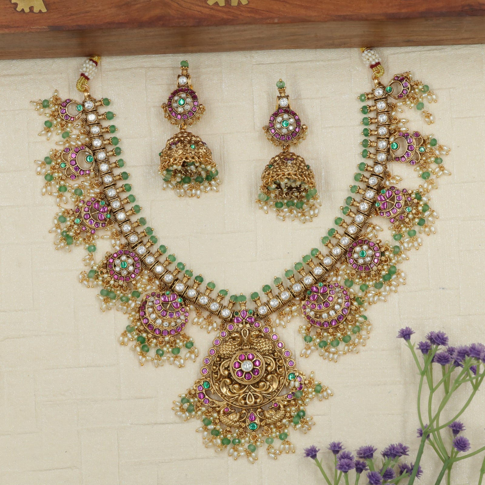 Floral Antique Necklace with Grand Temple Pendant and Chandbali Medallions