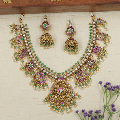 Floral Antique Necklace Set with Chandbali Temple Pendant