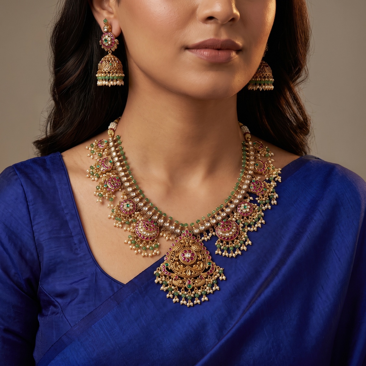 Floral Antique Necklace Set with Chandbali Temple Pendant