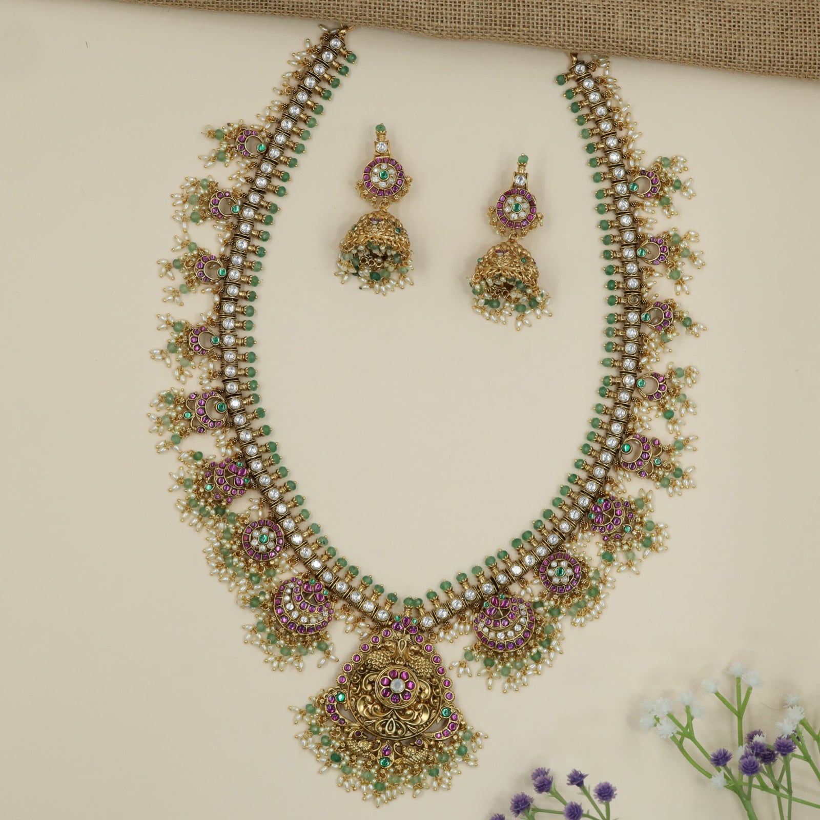 Chandbali Antique Long Haara with Grand Temple Pendant Design