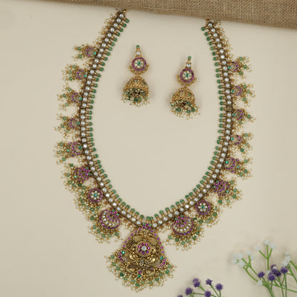 Chandbali Antique Long Haara Set with Temple Pendant