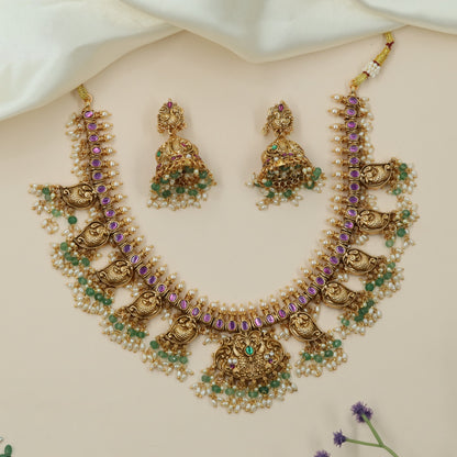 Grand Peacock Antique Necklace Set with Temple Craftsmanship
