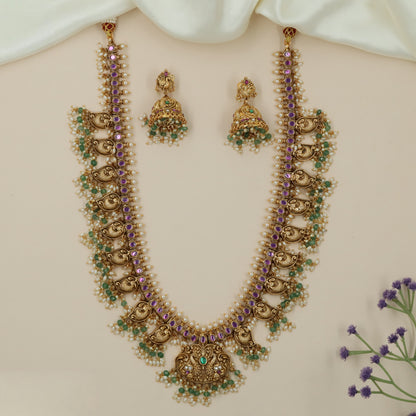 Antique Peacock Long Haara Set with Pearl Tassels