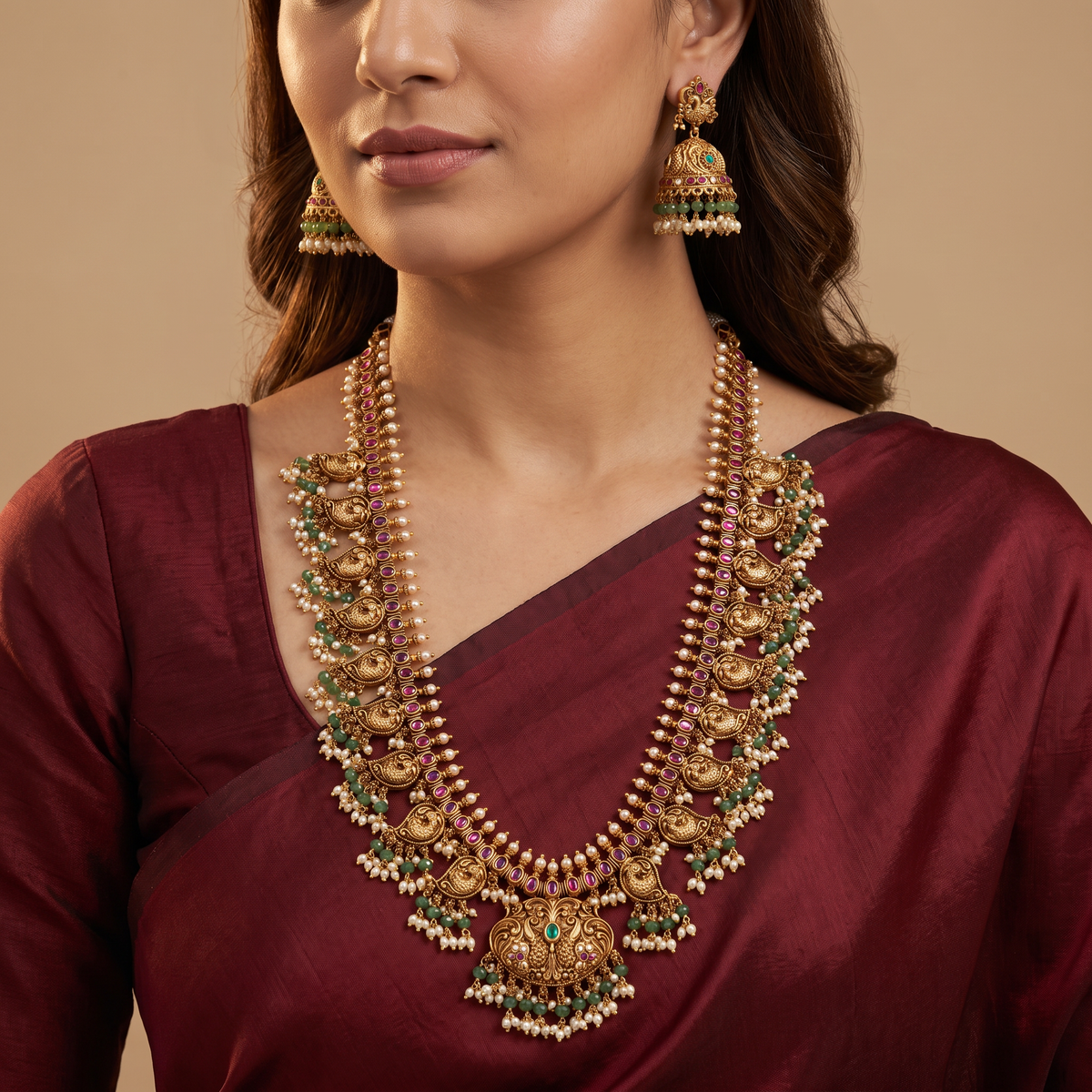 Antique Peacock Long Haara Set with Pearl Tassels