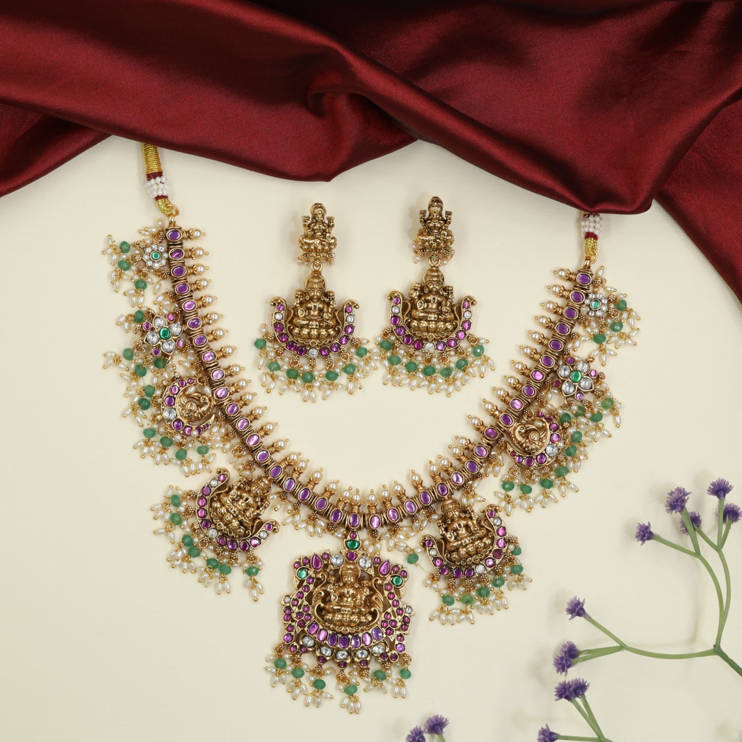 Lakshmi Antique Necklace with Peacock Side Panels and Temple Pendant