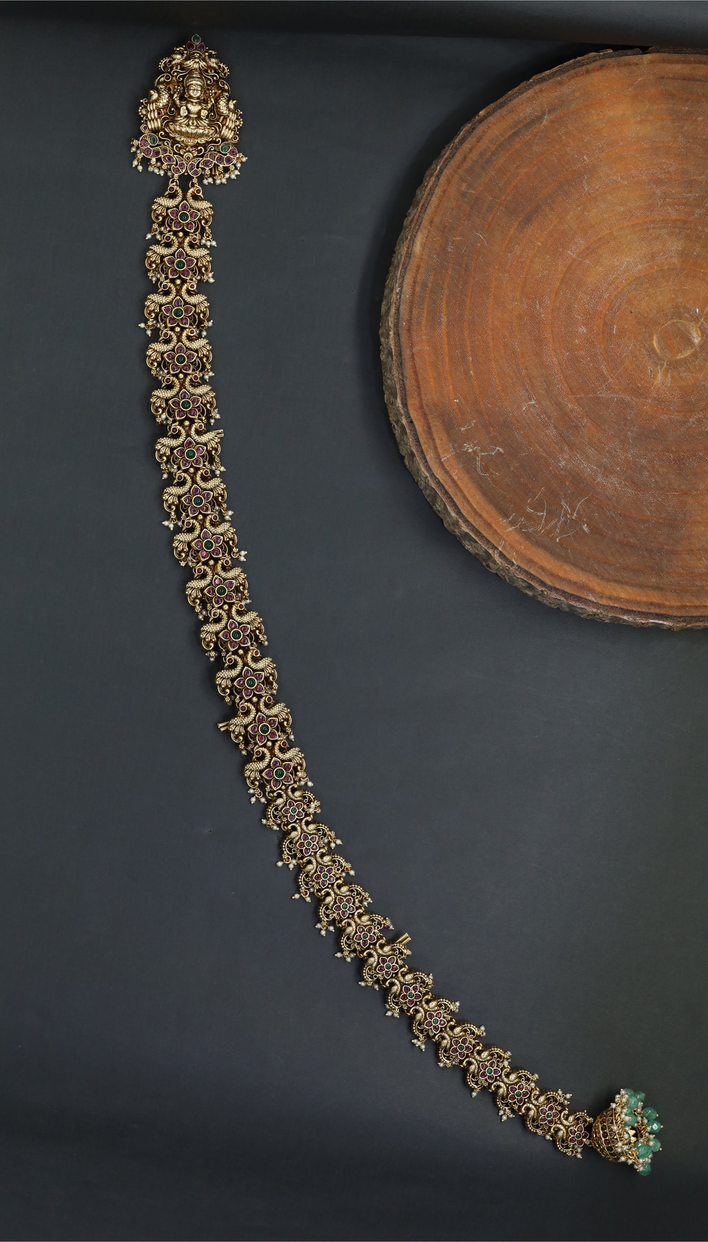Lakshmi Antique Long Jade Bille with Intricate Temple Craftsmanship