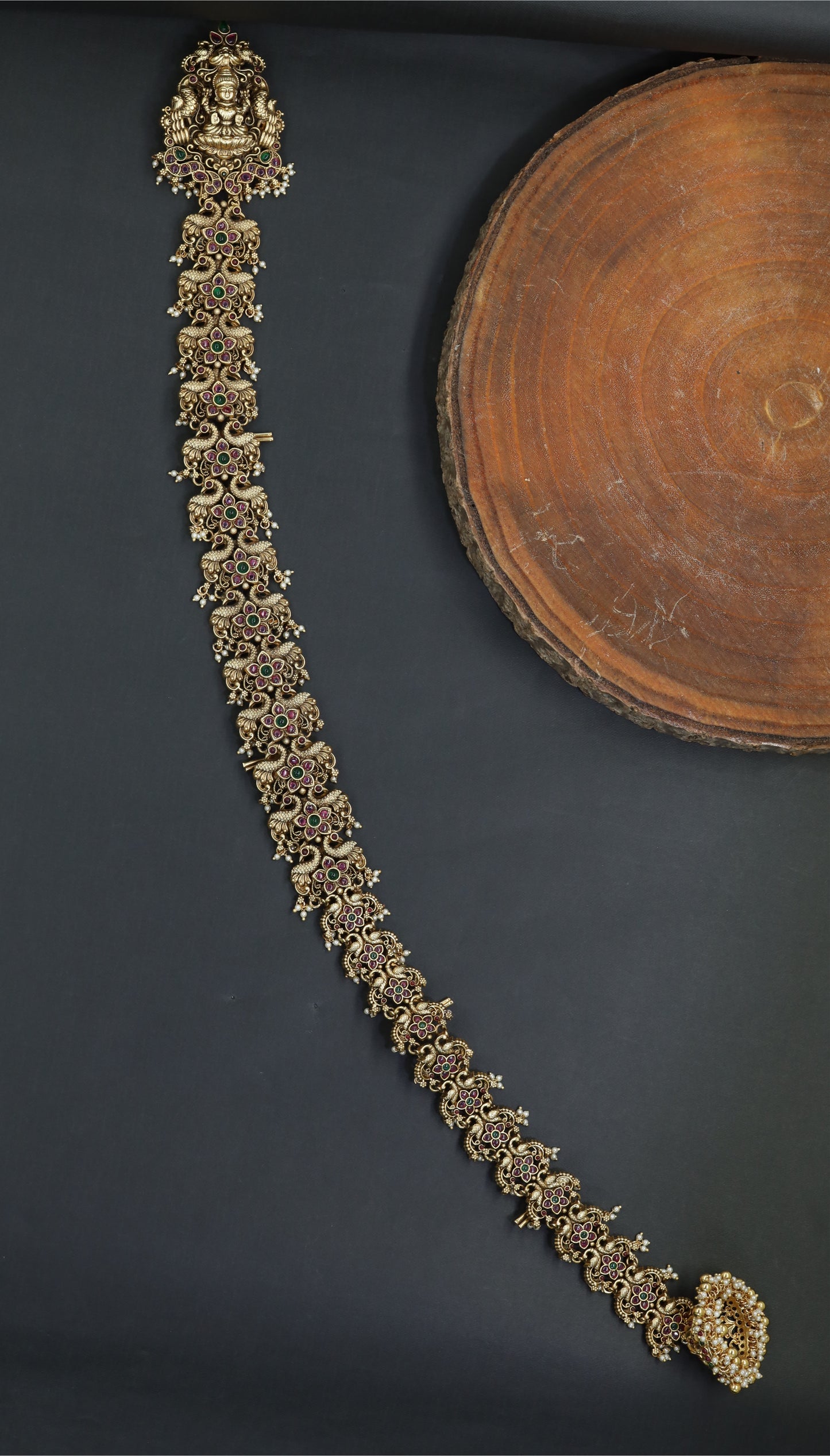 Lakshmi Antique Long Jade Bille with Temple Floral Heritage Design