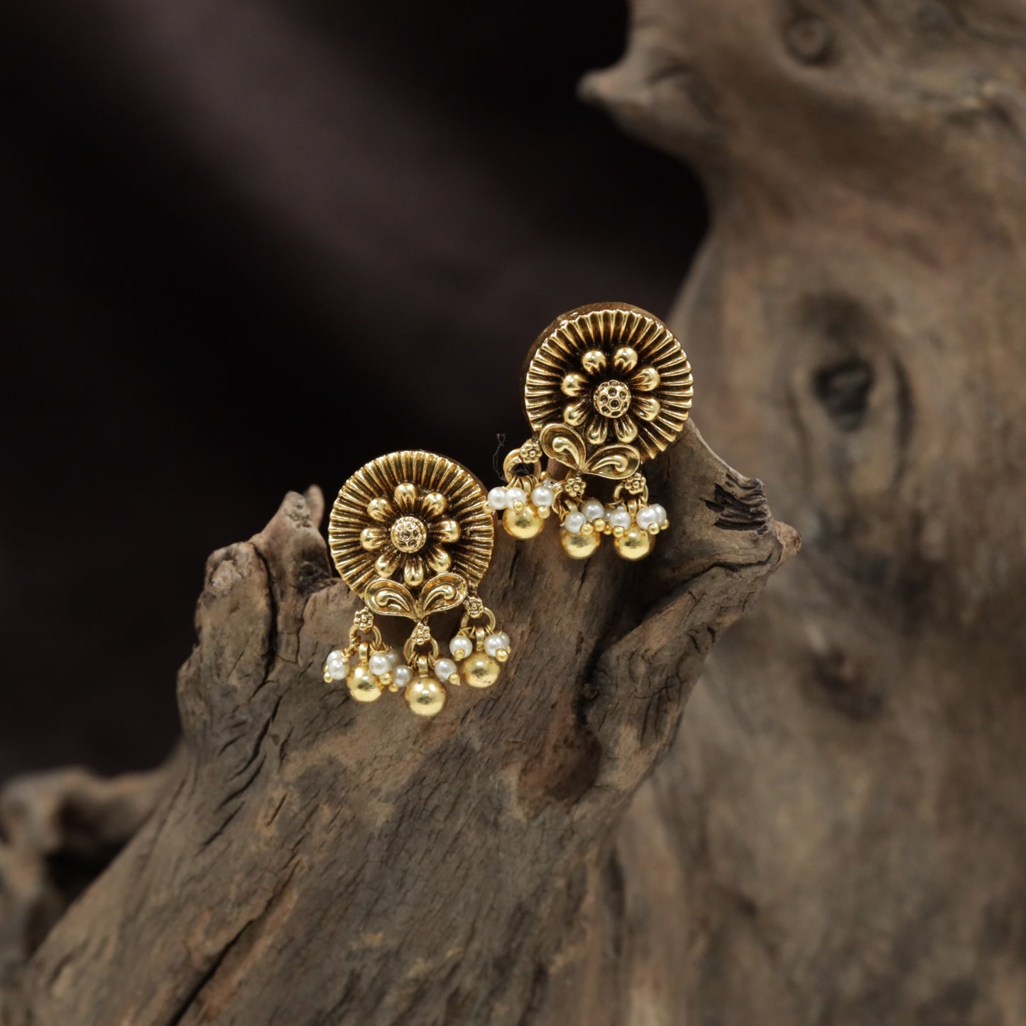 Floral Antique Stud with Radiating Petal Design and Ball Drop Fringe