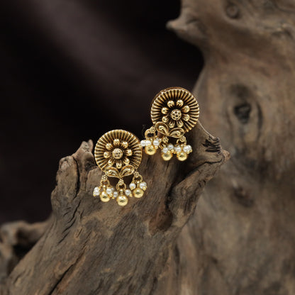 Floral Antique Stud with Radiating Petal Design and Ball Drop Fringe