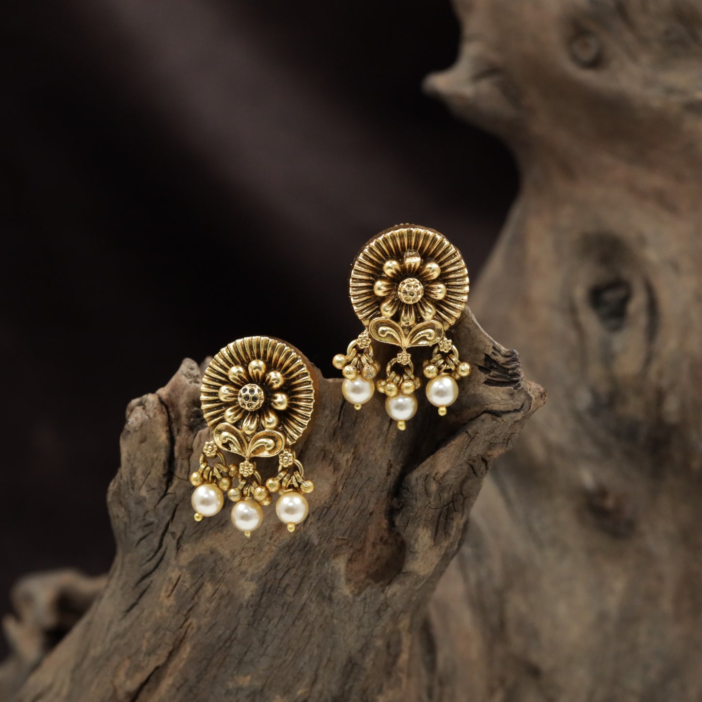 Floral Antique Stud with Radiating Petal Design and Ball Drop Fringe