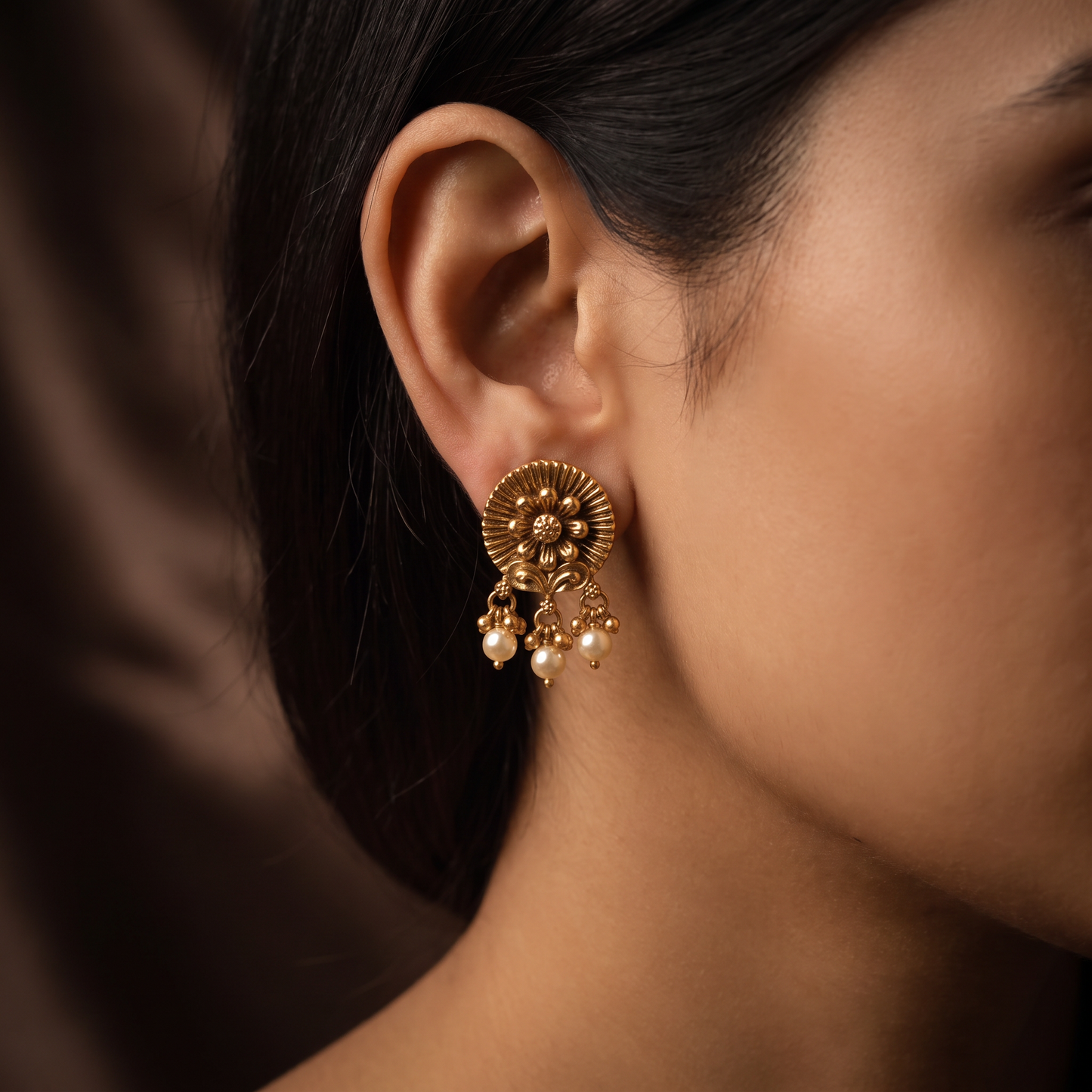Floral Antique Stud with Radiating Petal Design and Ball Drop Fringe