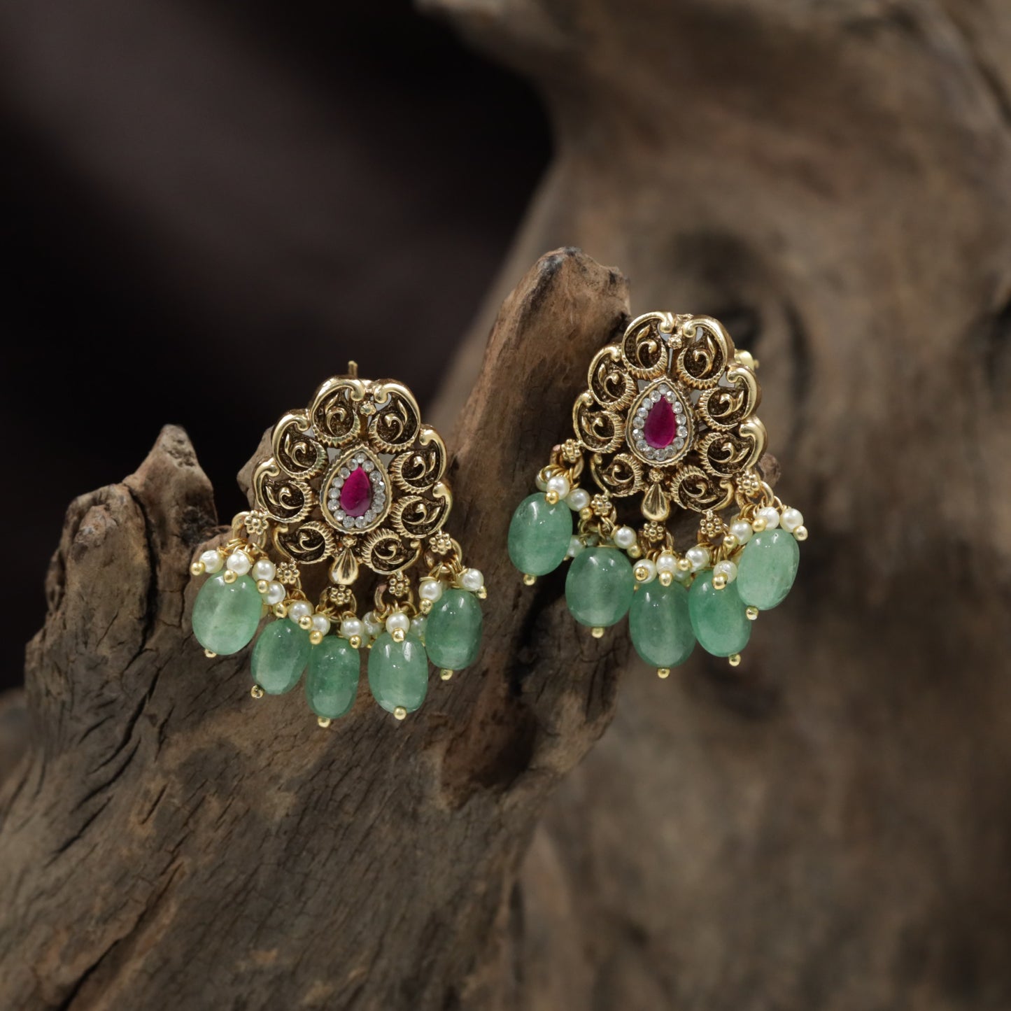 Scrollwork Antique Stud with Teardrop Centre and Hanging Bead Fringe