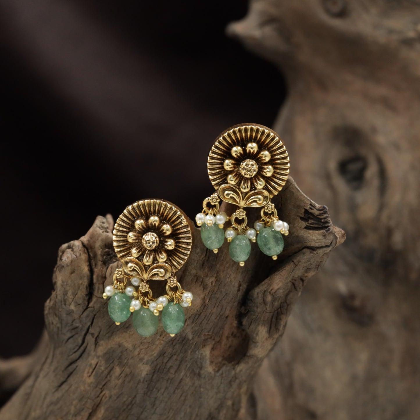 Floral Antique Stud with Radiating Petal Design and Ball Drop Fringe
