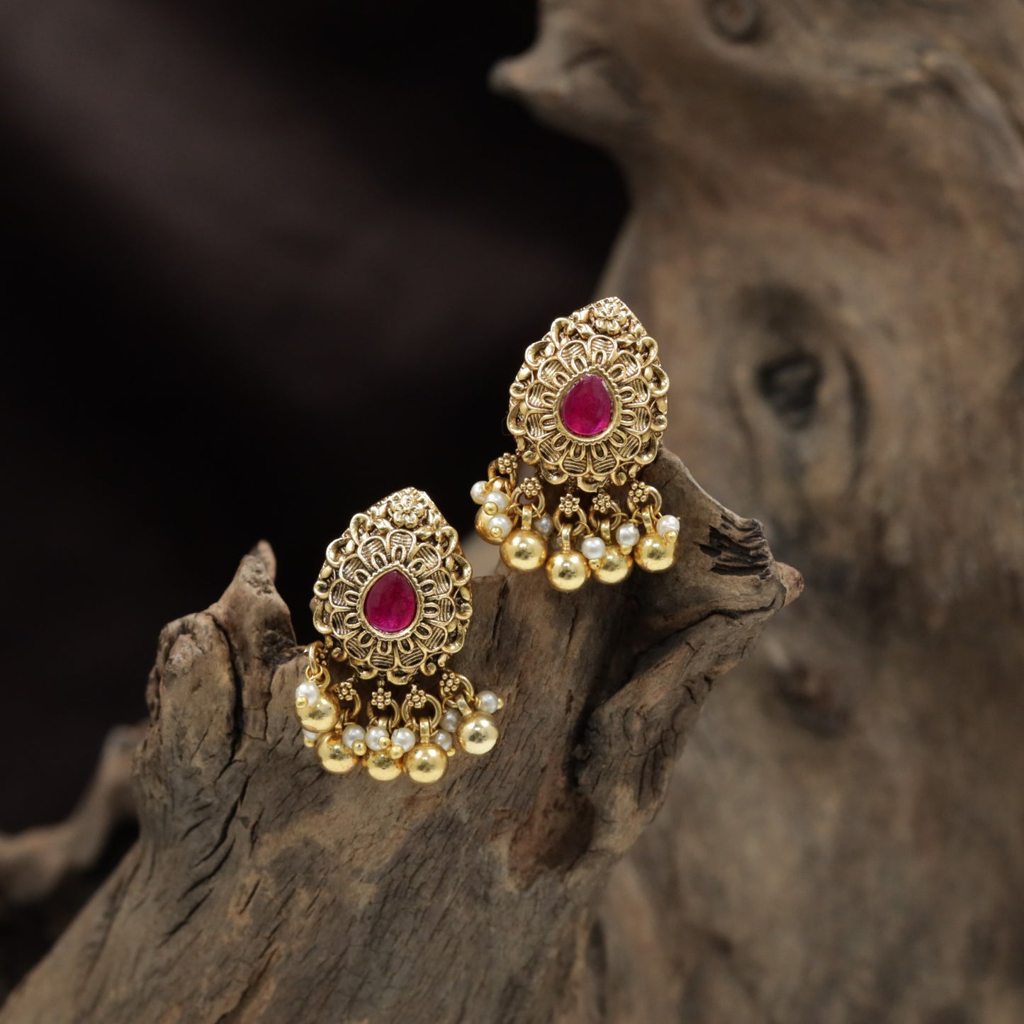 Classic Floral Antique Stud with Intricate Petal Design and Pearl Fringe