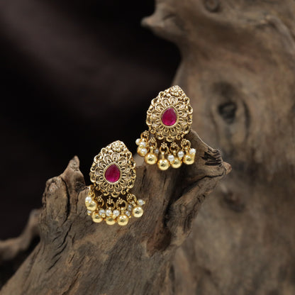 Classic Floral Antique Stud with Intricate Petal Design and Pearl Fringe
