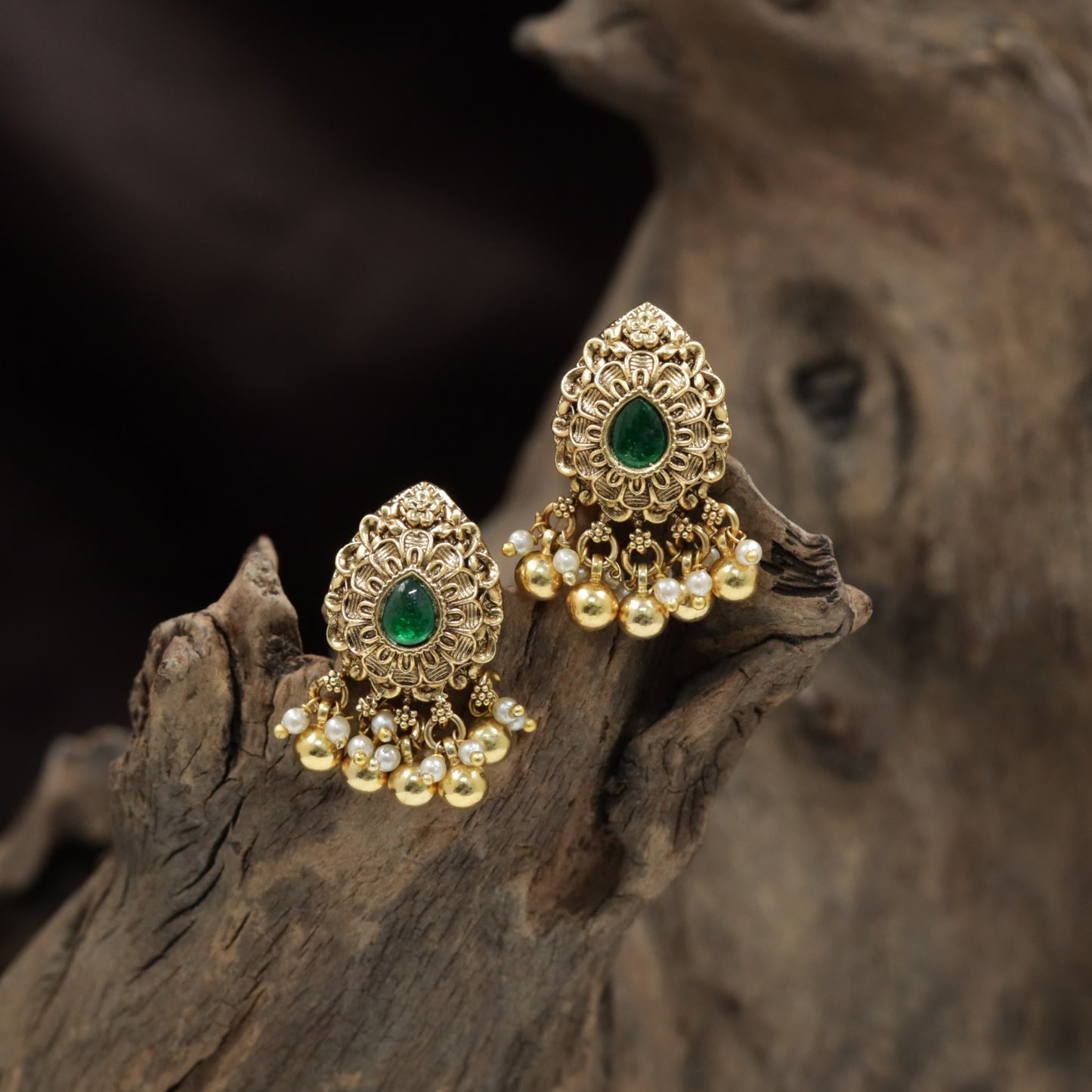 Classic Floral Antique Stud with Intricate Petal Design and Pearl Fringe