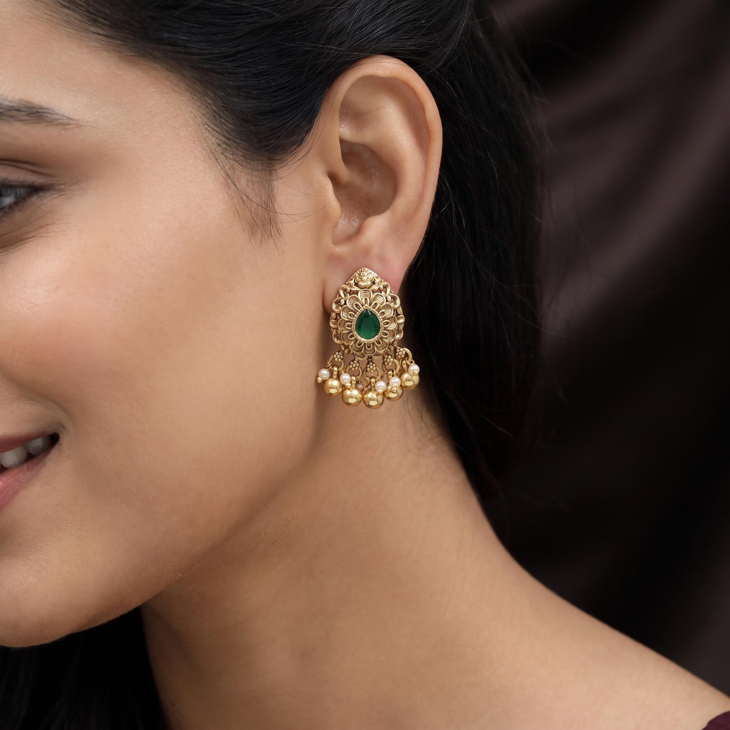 Classic Floral Antique Stud with Intricate Petal Design and Pearl Fringe