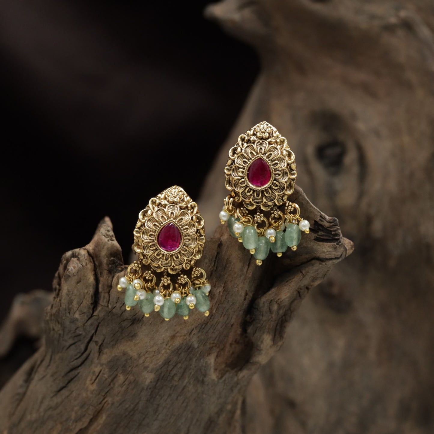 Classic Floral Antique Stud with Intricate Petal Design and Pearl Fringe