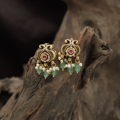 Classic Scrollwork Antique Stud with Floral Centre and Hanging Beads