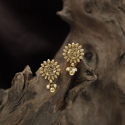 Sunflower Antique Stud with Pearl Cluster and Ball Drop Accent