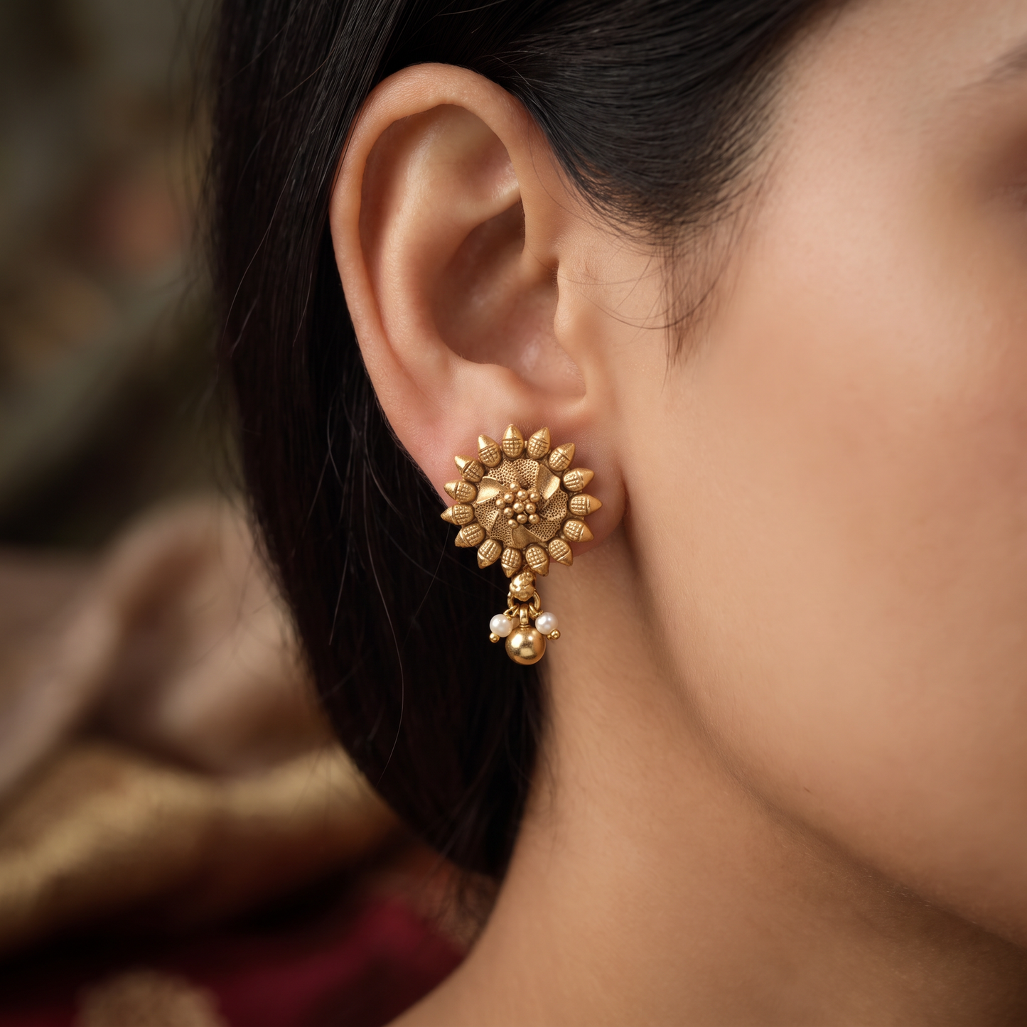 Sunflower Antique Stud with Pearl Cluster and Ball Drop Accent