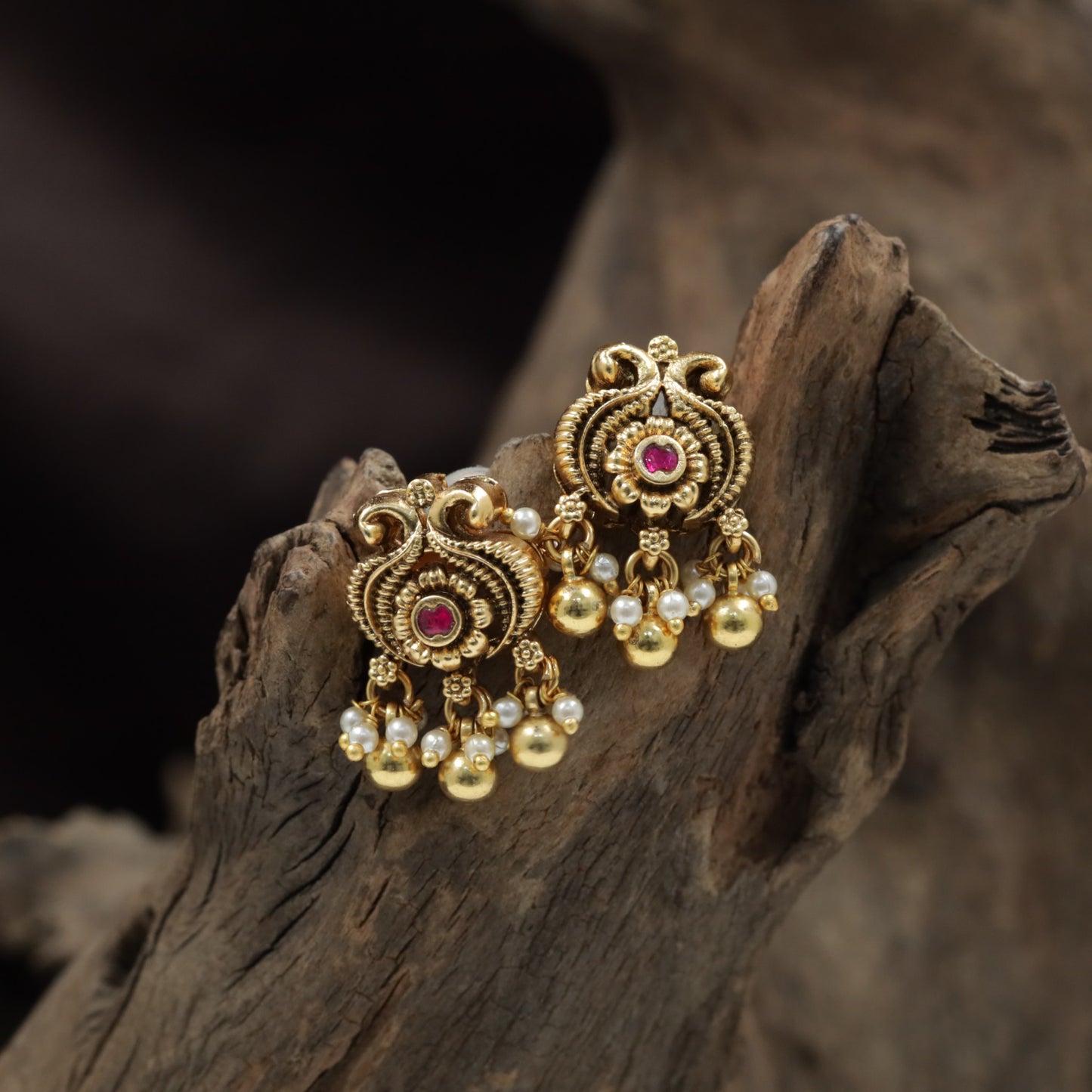 Classic Scrollwork Antique Stud with Floral Centre and Hanging Beads