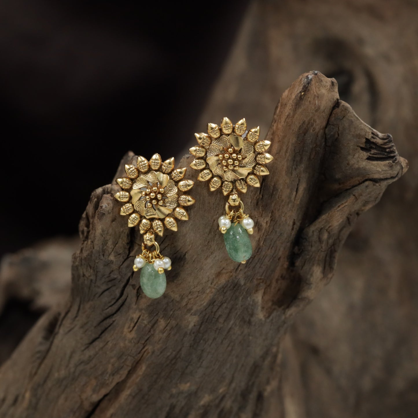 Sunflower Antique Stud with Pearl Cluster and Ball Drop Accent