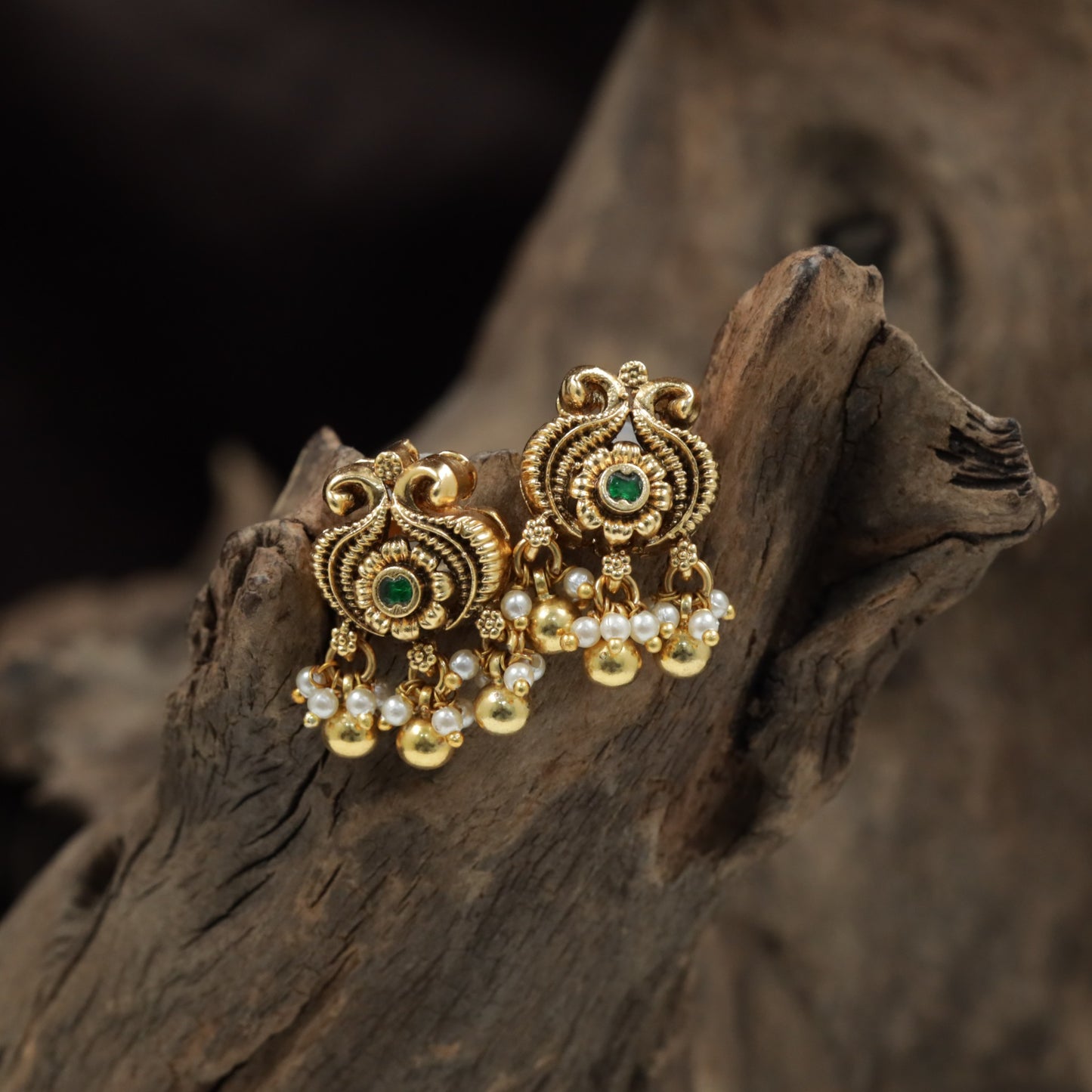 Classic Scrollwork Antique Stud with Floral Centre and Hanging Beads