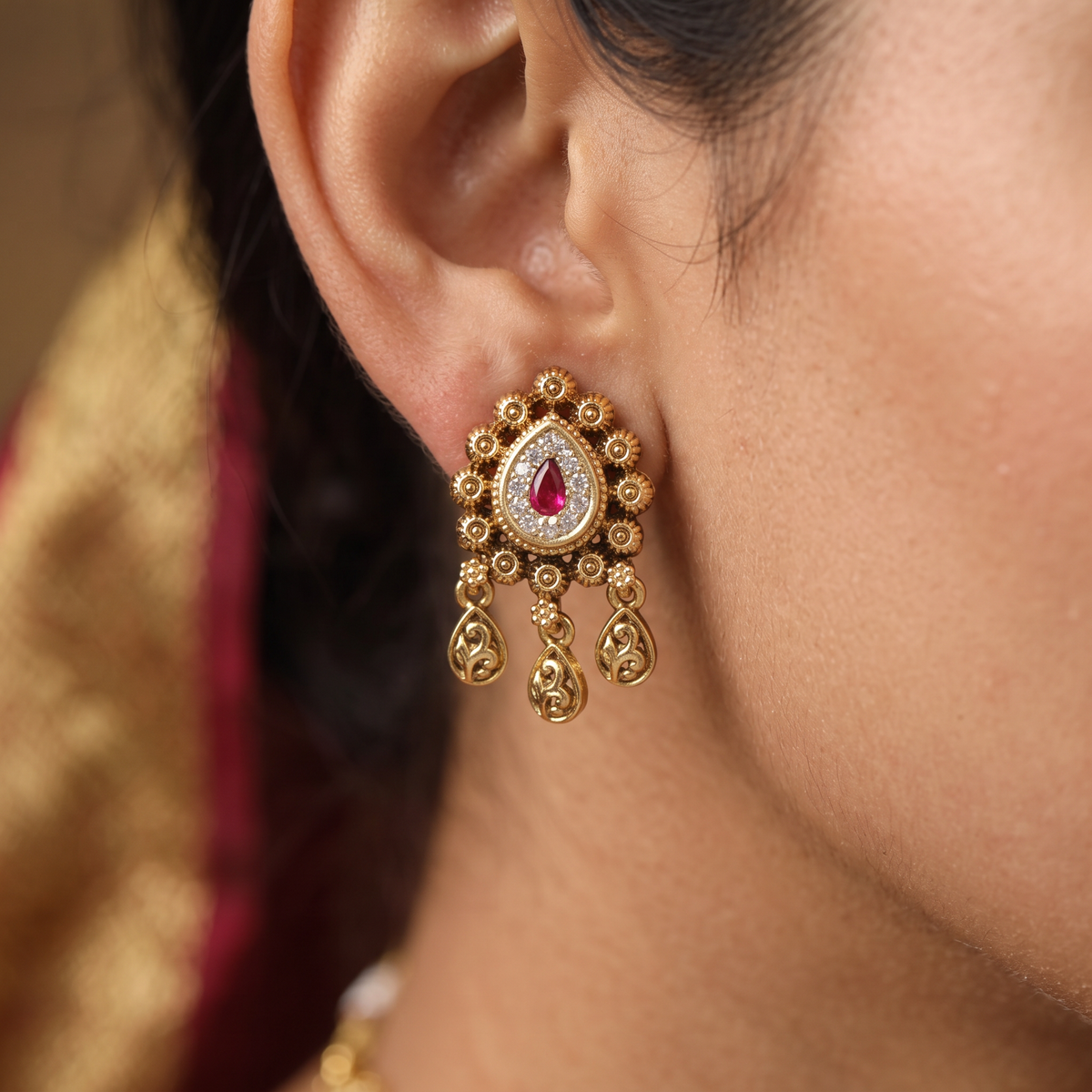 Teardrop Antique Stud with Floral Halo Detailing