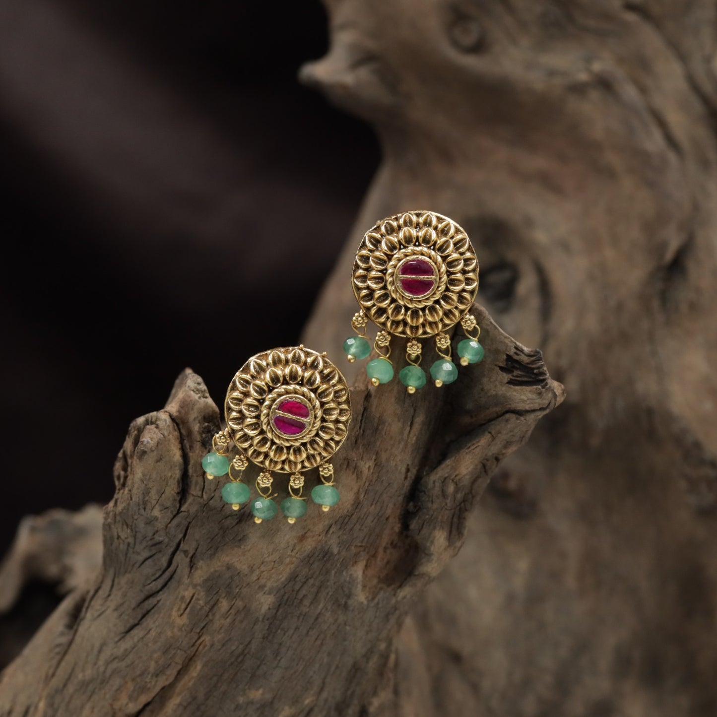 Floral Rosette Antique Stud with Hanging Bead Drops
