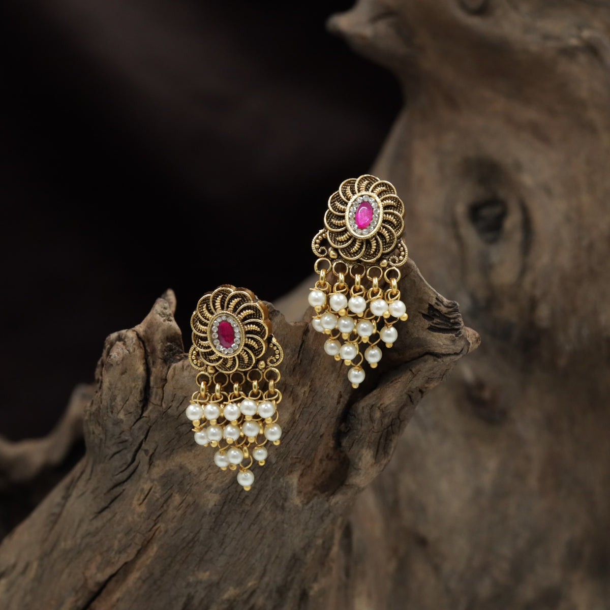 Floral Spiral Antique Stud with Pearl Tassels