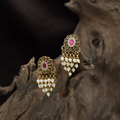Floral Spiral Antique Stud with Cascading Pearl Tassels