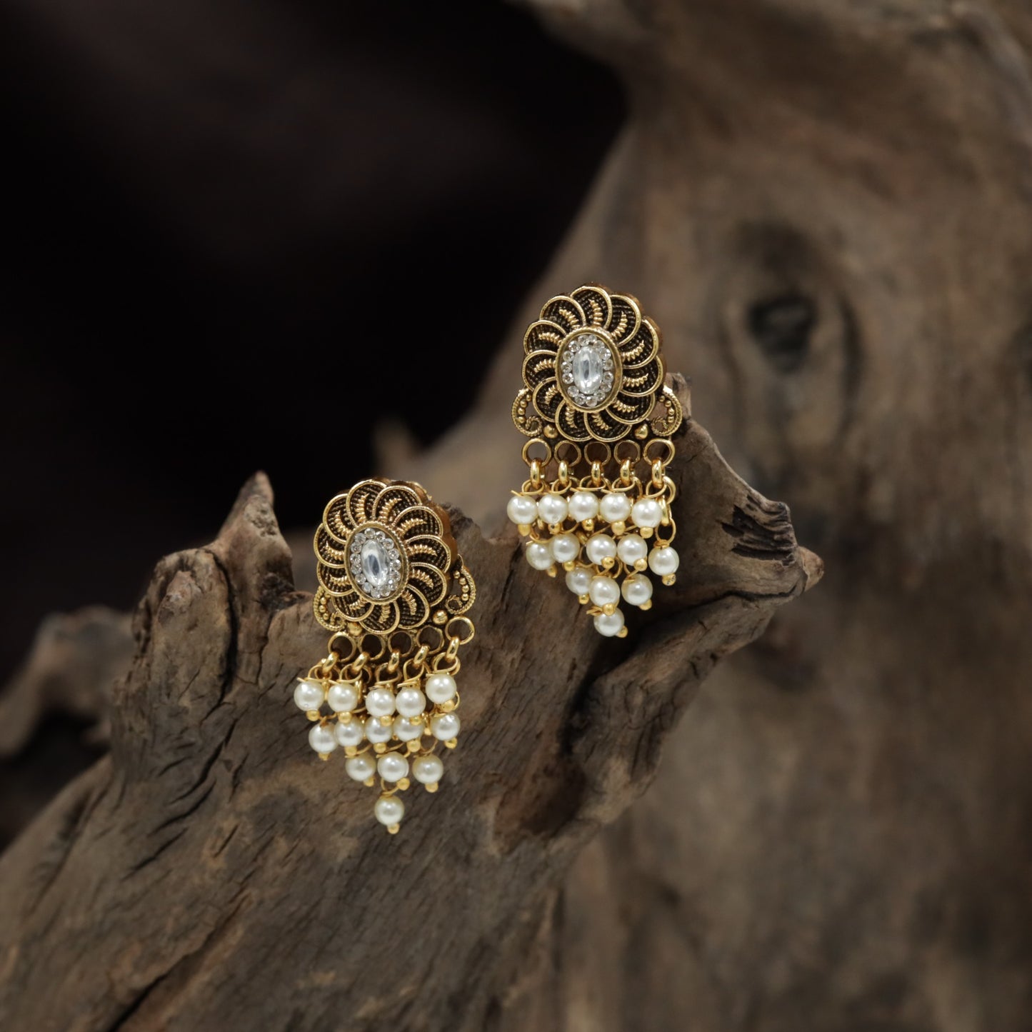 Floral Spiral Antique Stud with Cascading Pearl Tassels