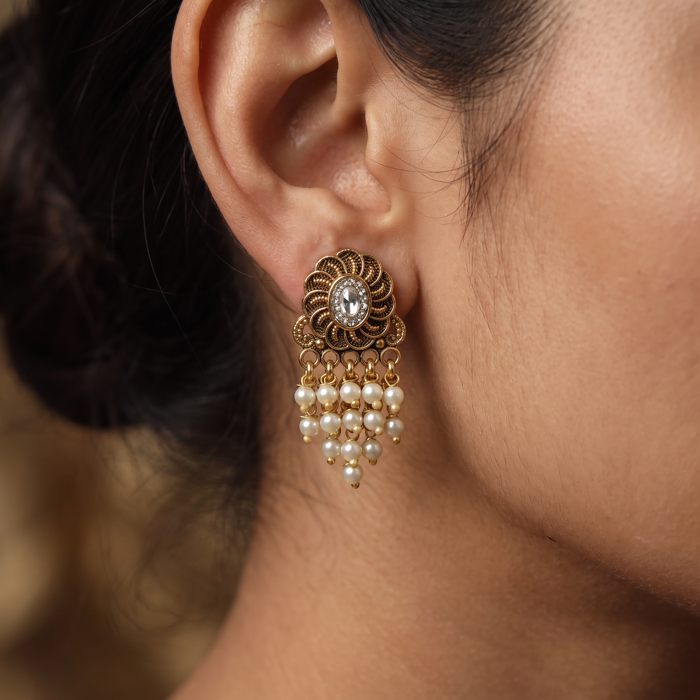 Floral Spiral Antique Stud with Cascading Pearl Tassels