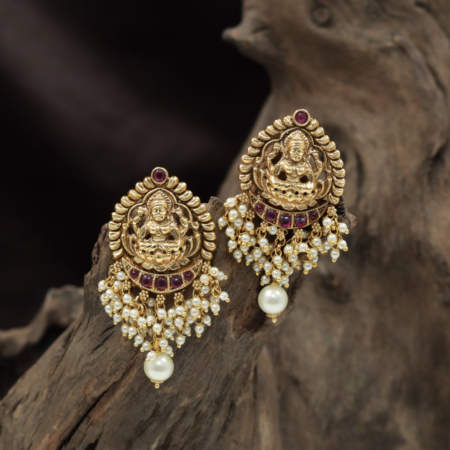 Lakshmi Antique Stud with Pearl Cluster Fringe and Drop Pearl Accent