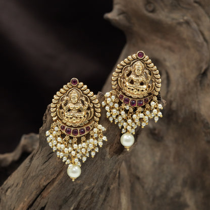 Lakshmi Antique Stud with Pearl Cluster Fringe and Drop Pearl Accent