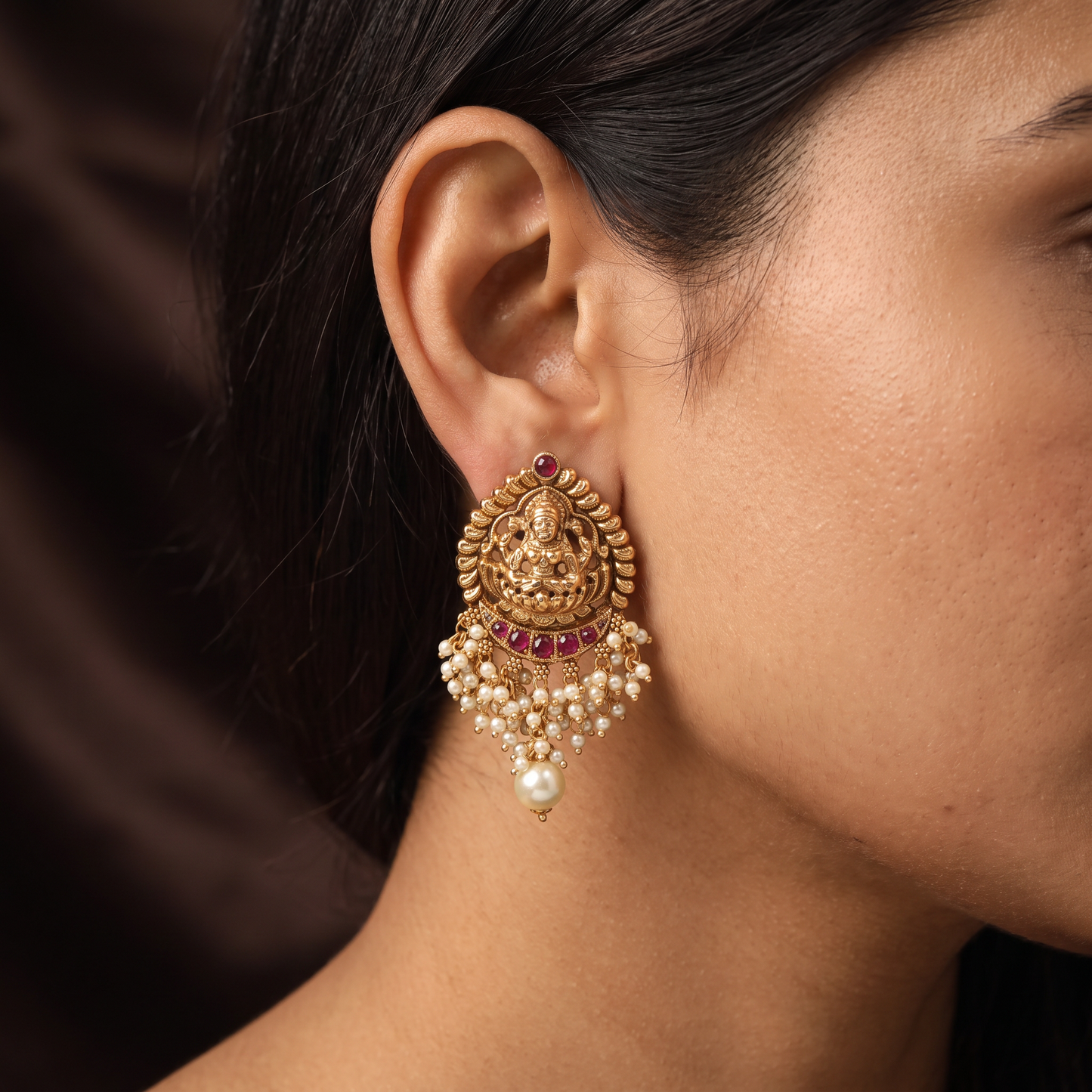 Lakshmi Antique Stud with Pearl Cluster Fringe and Drop Pearl Accent